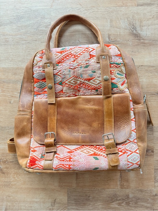 epiphanie Handbags - Epiphanie Leather & Orange Patterned Backpack. Camera bag.